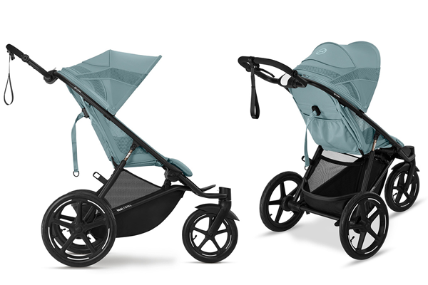 Wózek biegowy Cybex AVI – widok z boku i tyłu, lekka konstrukcja z dużymi pompowanymi kołami i regulowanym uchwytem, idealny do biegania z dzieckiem.